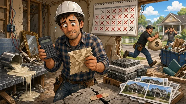 Cartoon house flipper looking stressed amid a chaotic renovation, representing seven costly house flipping mistakes