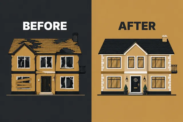 Before and after fix and flip renovation — distressed house on the left, fully renovated home on the right