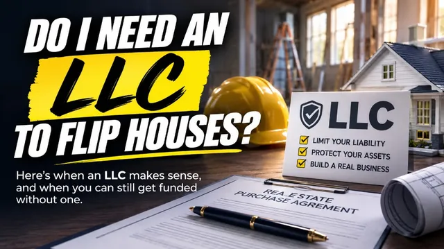 Do I need an LLC to flip houses cover graphic with purchase agreement, hard hat, and LLC checklist on a desk