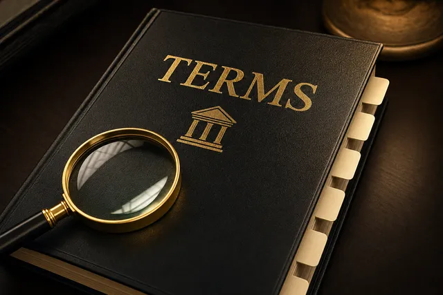 Black hardcover stamped TERMS with a gold magnifying glass — hard money lending glossary