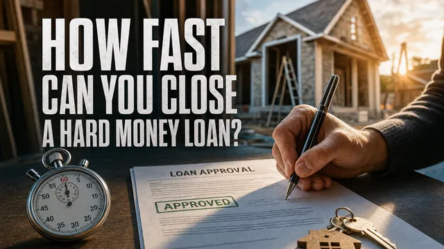 Hand signing a loan approval next to a stopwatch and house keys, with a house under construction in the background