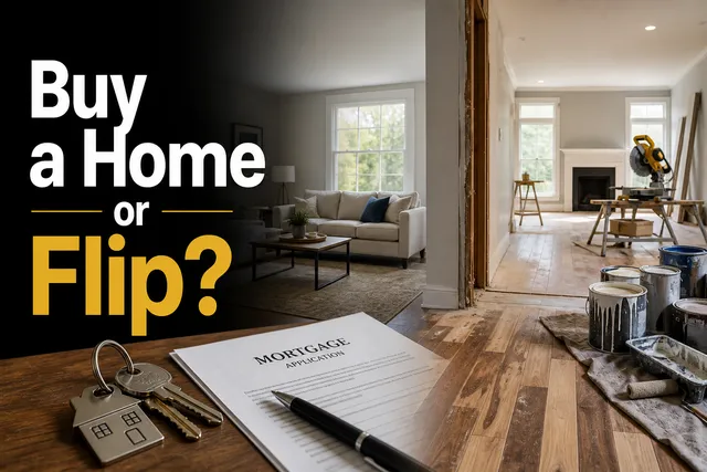 Buy a Home or Flip? — primary residence paperwork and keys beside a fix-and-flip renovation scene